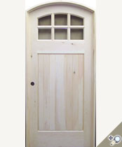 C415 Knotty Pine arch top interior door unit with V-Grooved panel and clear tempered glass.