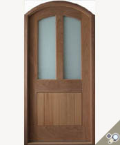 G112AT entrance door in 100% solid Honduran mahogany with V-Grooved flat panel and dual pane insulated glass.