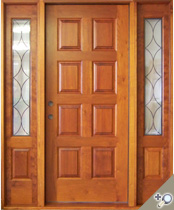EU120 entrance unit in Spanish cedar with S08 sidelights featuring insulated leaded glass.
