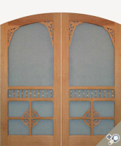 Chelsea arch top double door from our Victorian screen door line. Shown in 100% solid Spanish cedar with fiberglass screen inserts.