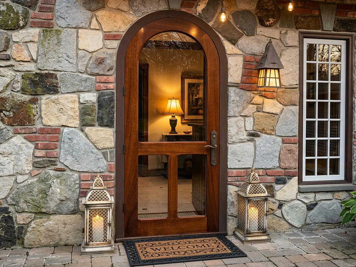 Custom built arch screen and storm Door
