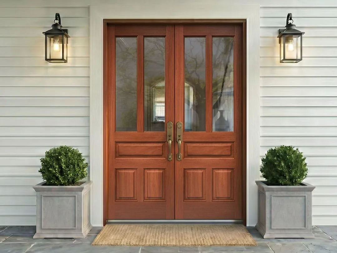 Double wood front doors with balanced proportions