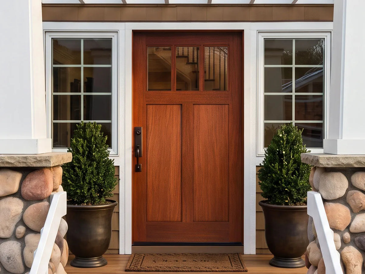 Craftsman-style African mahogany door with glass