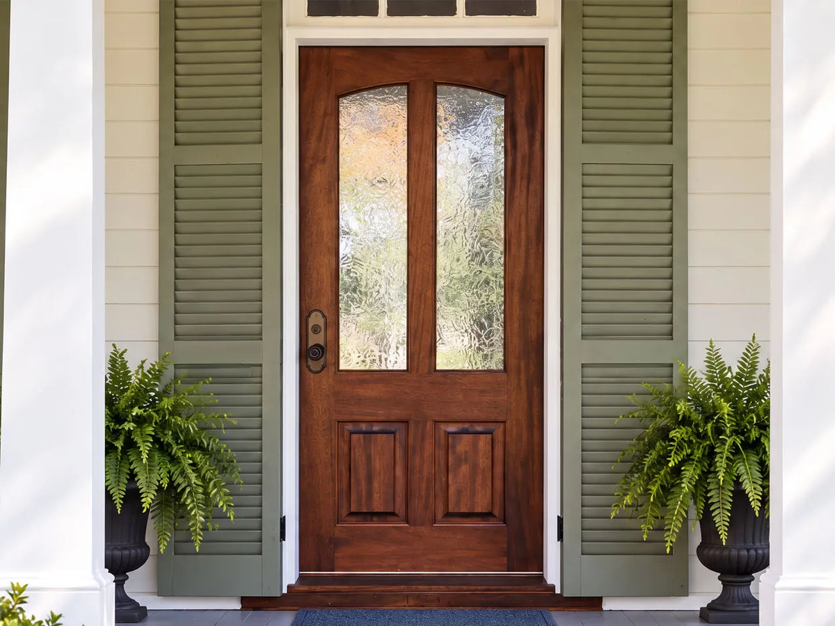 Glass panel door with glue chip glass panes