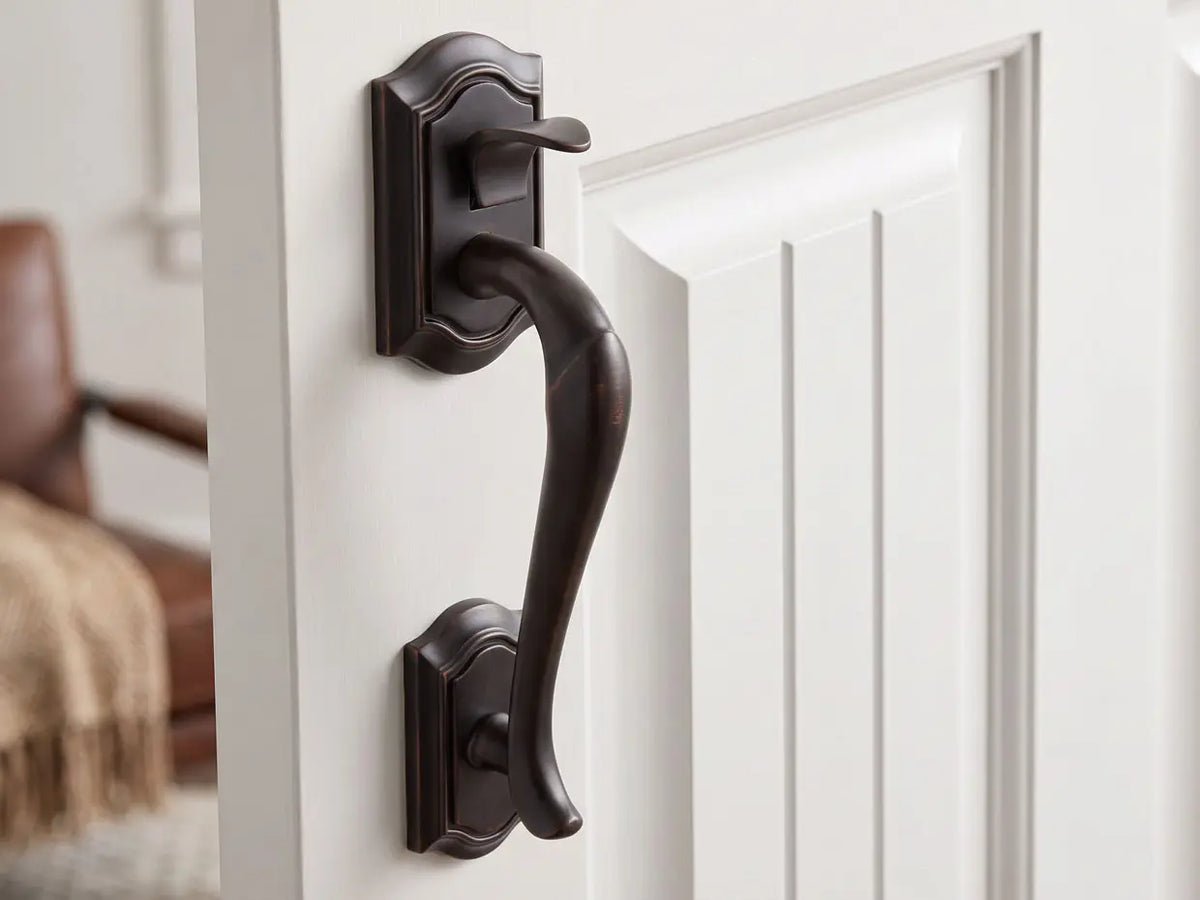 Oil rubbed bronze handle on a Vintage Door