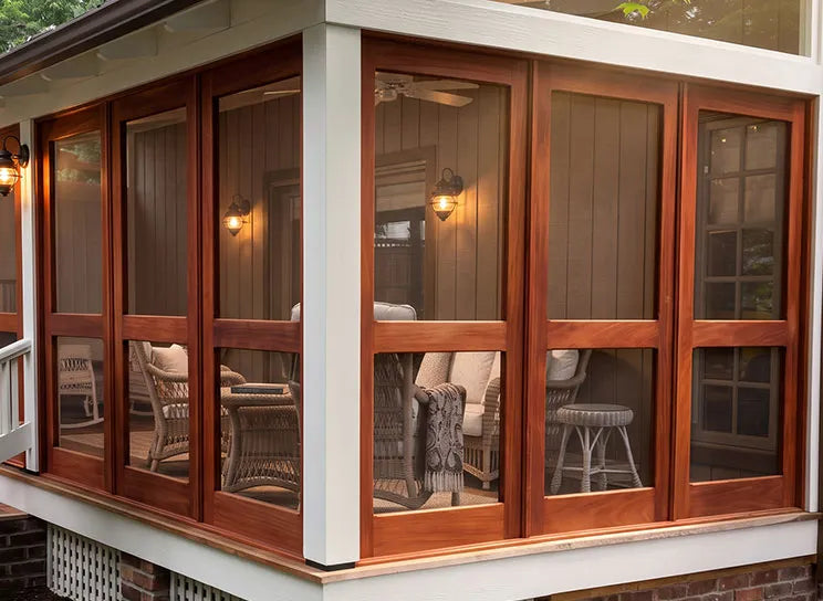 Enclosed porch with custom African mahogany porch panels